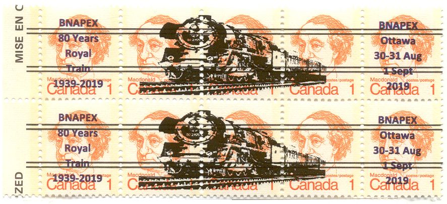 Precancelled 1973 1 cent Sir John A. Macdonald Caricature definitive overprinted to
                     commemorate the 80th anniversary of the 1939 Royal Train visit