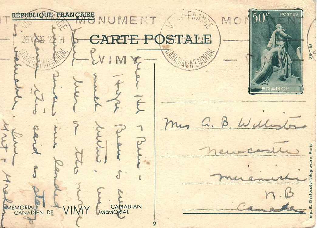 Figure 9.  50c postal stationery postcard for the concessionary 
        Franco-Canadian Postcard Rate to Miramichi, New Brunswick, cancelled 
        on first day of issue (© Mike Street)