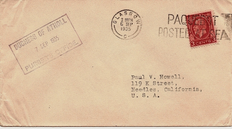 Cover with 1932 King George V
            3 cent Medallion definitive postmarked PAQUEBOT / POSTED AT SEA