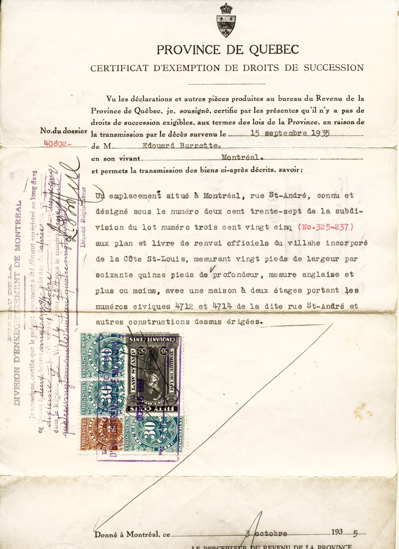 Certificate of Exemption from Estate Taxes affixed with Quebec Registration and Law stamps