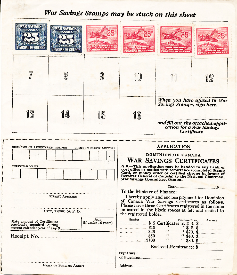 Sheet on which six 25-cent War Savings stamps are affixed