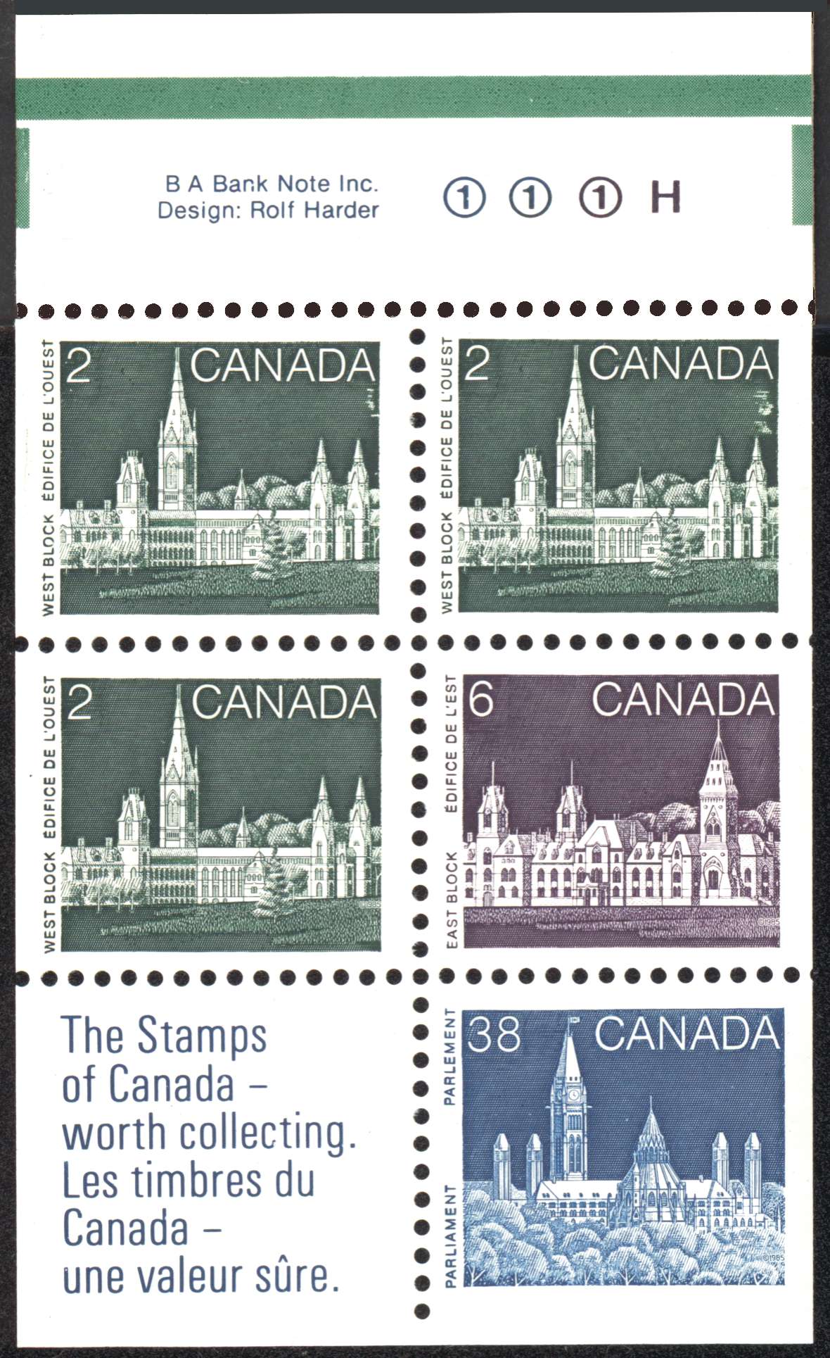 1989 50 cent booklet pane containing
                        three 2 cent, one 6 cent, and one 38 cent stamps