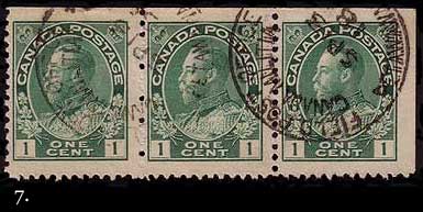 Strip of three 1 cent green with Field Post 
        Office cancel dated September 13, 1918