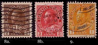 Three items: item 1 is stamp with the wavy line machine cancel;
        item 2 is a stamp with the circle part of a machine cancel showing the full year, 1912;
        item 3 is a stamp with a paquebot cancel