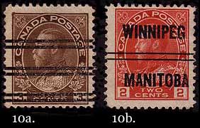 Two precancelled stamps: 3c brown with bar precancel; 2c carmine
        with WINNIPEG MANITOBA precancel