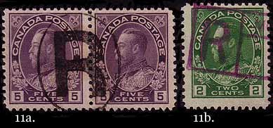 Two examples of registration cancels: a pair of the 5 cent 
        violet with R in oval; and a 2c green with rectangular box cancel