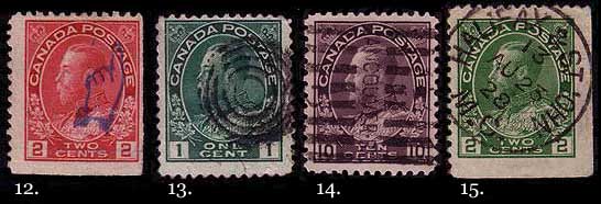 Four stamps with cancels.  Item 1 is a 2 cent carmine with a small 
        'Return to sender' hand; item 2 is a 1 cent green with a four ring 
        cancel; item 3 is a 10 cent plum with a roller cancel; and item 4 
        is a 2 cent green with an RPO cancel.