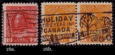 Two examples of slogan machine cancels, one on a 2 cent carmine 
        and the other on a pair of the 1c yellow