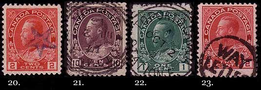 Four types of cancels: first, a 2 cent carmine with a blue 
        cancel shaped like a star; second, a 10 cent plum with a 
        three-ring cancel; third, a 1 cent green with a two-ring 
        cancel; and fourth, a 2 cent carmine with a small circular 
        cancel with the words 'WAY LETTER' inside it.