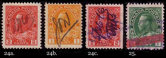 Four stamps with handwritten fiscal cancels.  2 cent carmine 
        and 1 cent yellow with initials; 2 cent carmine with date 
        ('5/26/16') and initials; 1 cent green with thick red line drawn with a crayon.