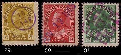 4 cent with small circle cancel inscribed '15' over '148'; 
        2 cent carmine with the date 'NOV 19 1915' rubber stamped in blue; 
        2 cent green with a cancel consisting of a three-by-three array of small squares.