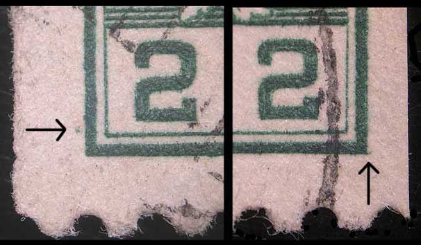 Magnified view of plate characteristics of the first 2 cent 
        green fake coil showing the left and right sides and plate 
        characteristics of the re-engraved die