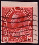 2 cent carmine booklet stamp with wide top and right margin and 
        the other two margins trimmed to make it look imperforate, a variety 
        that was never issued