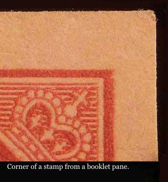 Magnified view of the upper right corner of a 2 cent carmine 
        from a booklet pane with the top and right imperforate