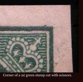 Magnified view of the upper right corner of a 2 cent green with 
        the top and right cut with scissors to make the edges look imperforate