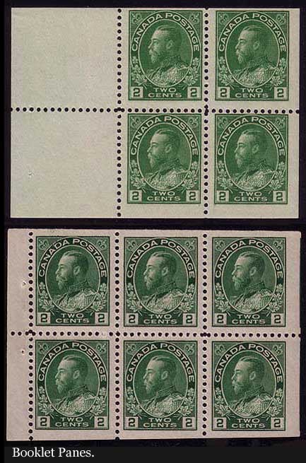 Example of a booklet pane of four stamps and another of six stamps