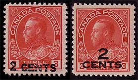 Genuine copies of the 2 cent on 3 cent one-line and two-line overprints
