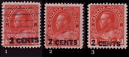 Three copies of the one-line overprint, numbered 1, 2, and 3 in the illustration