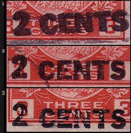 Magnified view of the one-line overprint on the three stamps 
        in the previous illustration