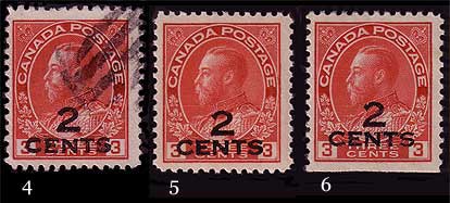 Three copies of the two-line overprint, numbered 4, 5, and 6 in the illustration