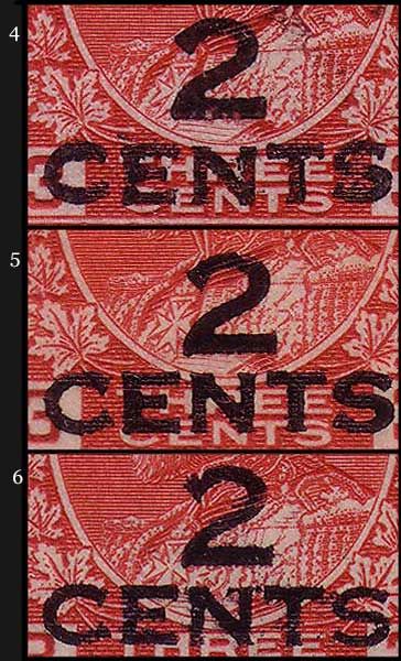 Magnified view of the two-line overprint on the three stamps 
        in the previous illustration