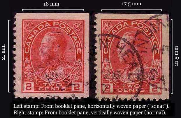 Two 2 cent carmine stamps from booklet panes.  The first, on 
        horizontally wove paper, is shorter but wider than the second which 
        is on vertically wove paper.