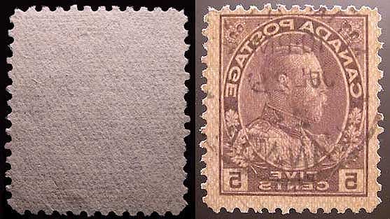 Two views of the back of the 5 cent violet.  The first view 
        shows the mesh pattern that is characteristic of the thin paper and 
        the second view, photographed through a back light, shows how 
        translucent the thin paper is.
