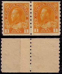 A paste-up pair of the 1 cent yellow sidewise coil stamp.