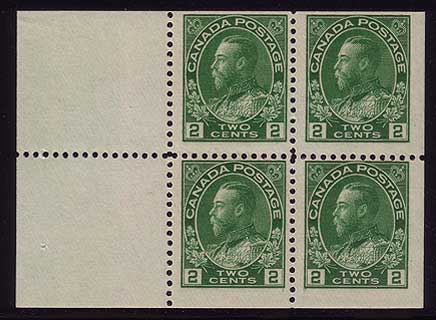 Booklet pane of four of the 2 cent green, showing the straight-edge
        varieties found on booklet panes.