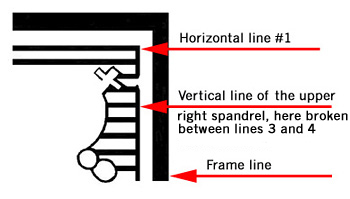 Vertical line in the upper right spandrel broken between lines 3 and 4