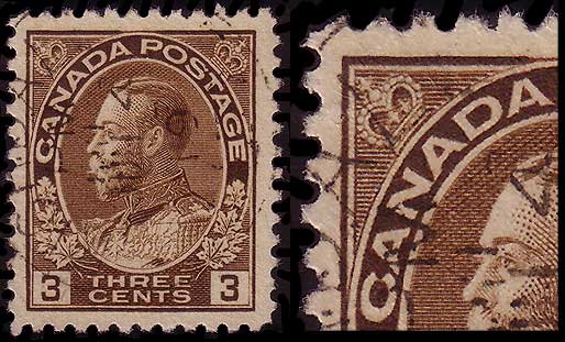 3 cent brown stamp from plate 23 and an enlargement of the upper left 
        corner showing the retouched upper left vertical line and oval