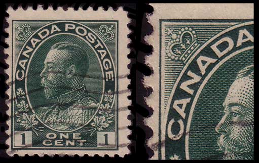 One cent green stamp and an enlargement of the upper left corner 
        showing weak horizontal and vertical lines due to the incomplete transfer
