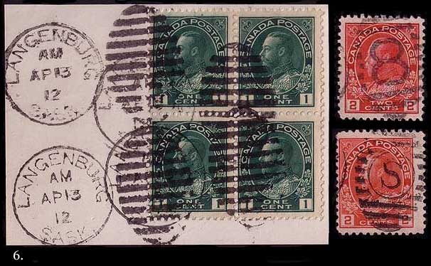 3 examples of duplex cancels, one with bars, 
        one with the numeral 8 in the bars, and one with the letter S in the bars
