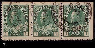 Strip of three 1 cent green with Field Post 
        Office cancel dated September 13, 1918