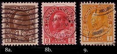 Three items: item 1 is stamp with the wavy line machine cancel;
        item 2 is a stamp with the circle part of a machine cancel showing the full year, 1912;
        item 3 is a stamp with a paquebot cancel