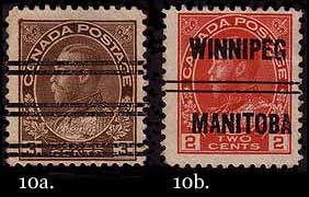 Two precancelled stamps: 3c brown with bar precancel; 2c carmine
        with WINNIPEG MANITOBA precancel