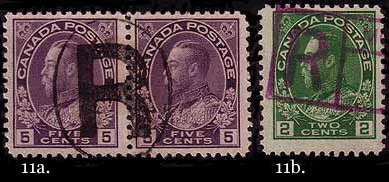 Two examples of registration cancels: a pair of the 5 cent 
        violet with R in oval; and a 2c green with rectangular box cancel