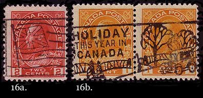 Two examples of slogan machine cancels, one on a 2 cent carmine 
        and the other on a pair of the 1c yellow