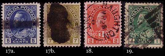 Four examples of cancels: 5 cent blue and 7c bistre with 
        smudge cancels, 2 cent plus 1 cent carmine War Tax with split 
        ring cancel, and 1 cent green with squared circle cancel