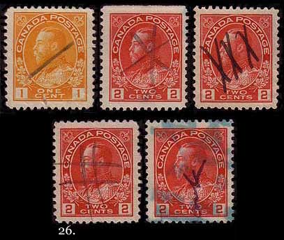 One 1 cent yellow and four 2 cent carmine stamps with 
        miscellaneous handwritten symbols: diagonal line, star, three crosses, 
        pound sign, and undecipherable squiggle