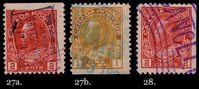 2 cent carmine with rectangular cancel, 1 cent yellow with 
        part of cancel in which the word 'BANK' appears, and 2 cent carmine 
        with part of the word 'CANCELLED'