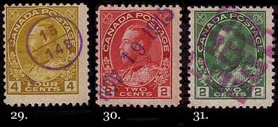 4 cent with small circle cancel inscribed '15' over '148'; 
        2 cent carmine with the date 'NOV 19 1915' rubber stamped in blue; 
        2 cent green with a cancel consisting of a three-by-three array of small squares.