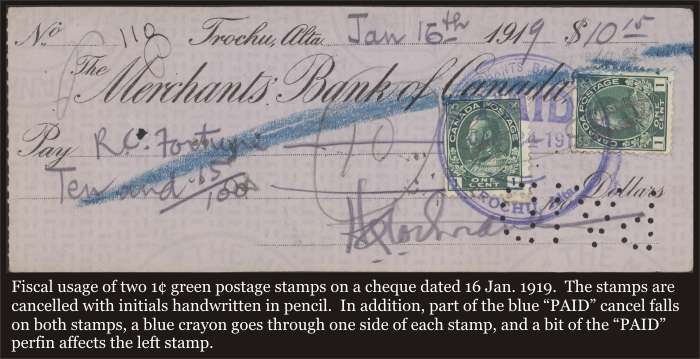 Four stamps with handwritten fiscal cancels.  2 cent carmine 
        and 1 cent yellow with initials; 2 cent carmine with date 
        ('5/26/16') and initials; 1 cent green with thick red line drawn with a crayon.