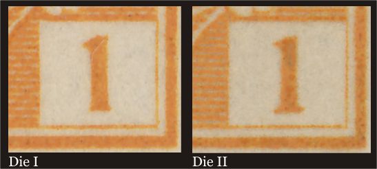 Right numeral box of Die I and Die II on the 1 cent yellow,
        showing the serifs at the bottom of the 1 on Die II