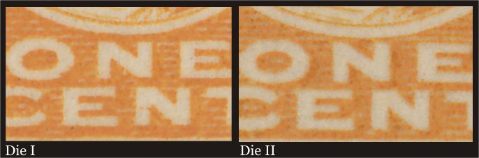 Bottom centre of Die I and Die II on the 1 cent yellow,
        showing the smaller space between the N in ONE and the oval
        above it as well as the slightly larger lettering on Die II