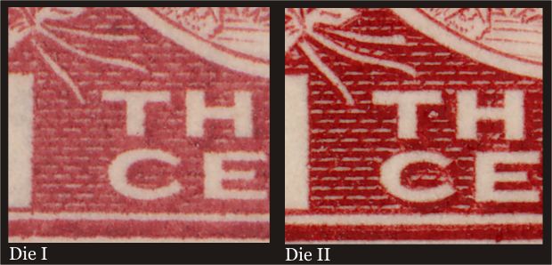 Difference between Die I and Die II on the bottom left side
        of the 3 cent carmine