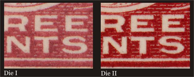 Difference between Die I and Die II on the bottom right side
        of the 3 cent carmine