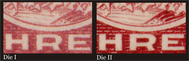 Difference between Die I and Die II at the bottom of the King's
        portrait on the 3 cent carmine