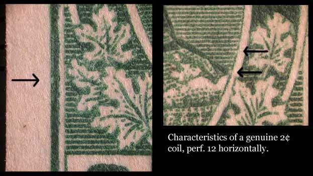 Magnified views of parts of the 2 cent green endwise coil 
        showing three plate characteristics that occur on genuine stamps