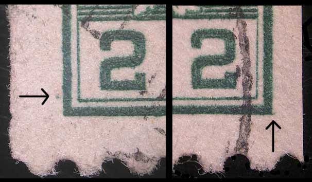 Magnified view of plate characteristics of the first 2 cent 
        green fake coil showing the left and right sides and plate 
        characteristics of the re-engraved die